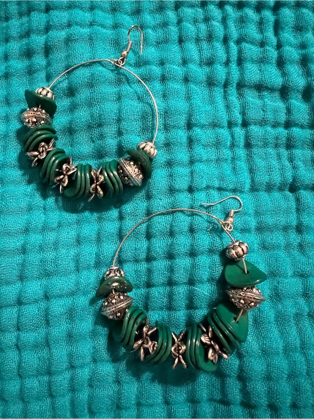 Green Beaded Hoop Earrings - Unbranded